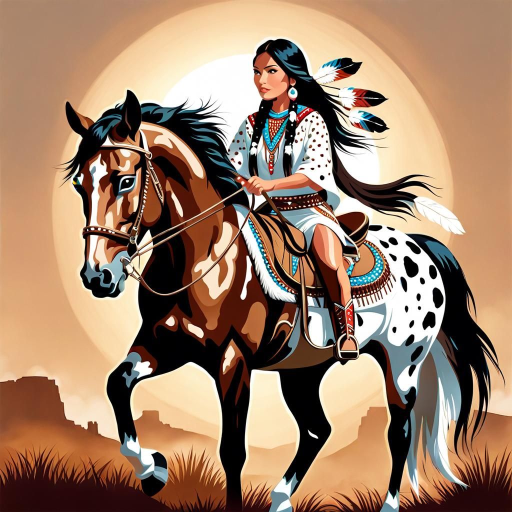 Native American Woman Riding Spotted Horse
