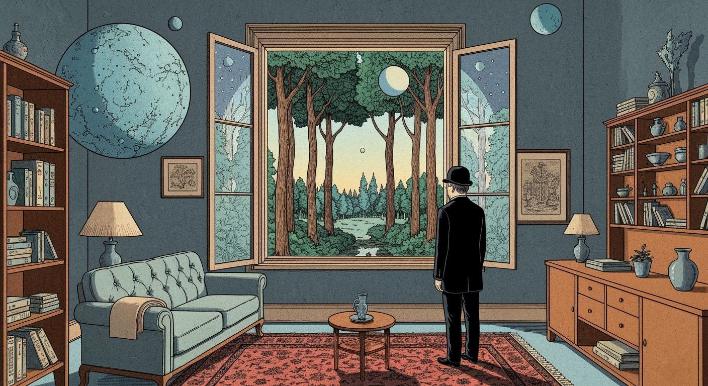 Man in Bowler Hat in Cosmos Room Overlooking Surreal Belgian...