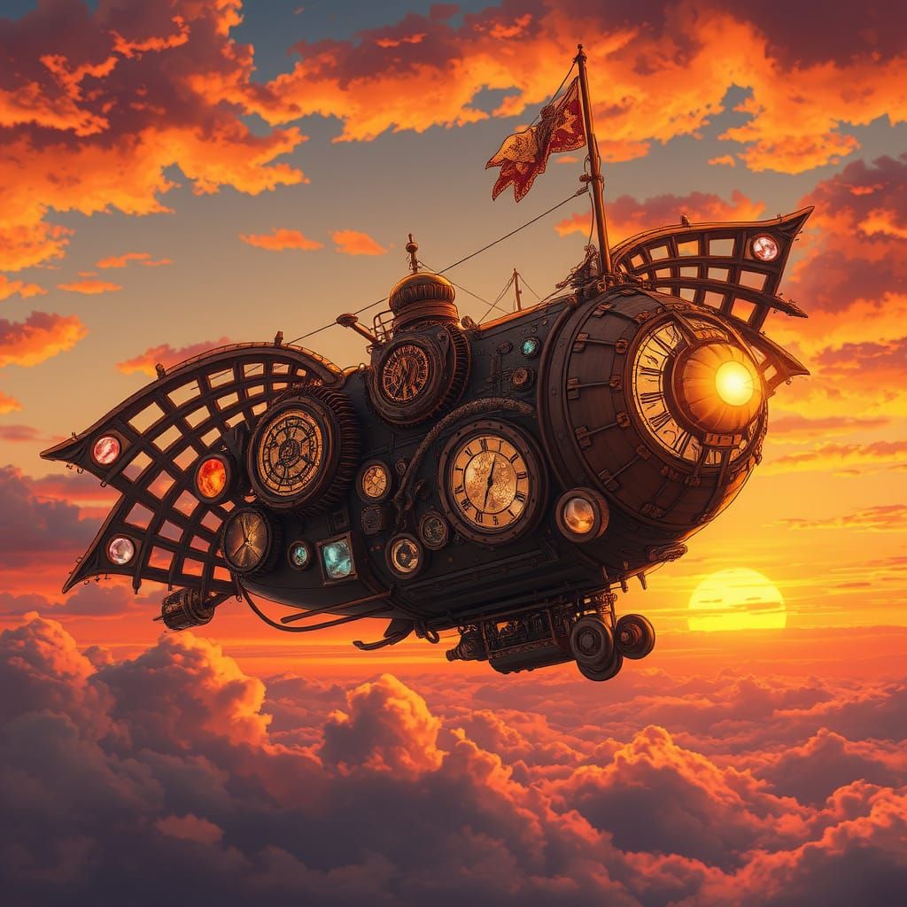 Steampunk Airship Soaring at Sunset, Anime Style