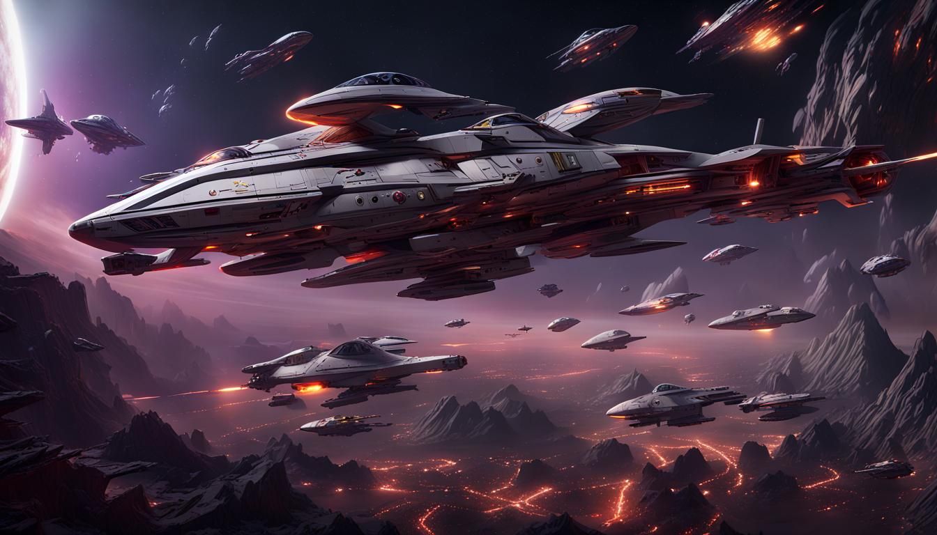 Battlestar Galactica in space surrounded by viper fighters and skellon starship fighters a masterpiece, 8k resolution, d...