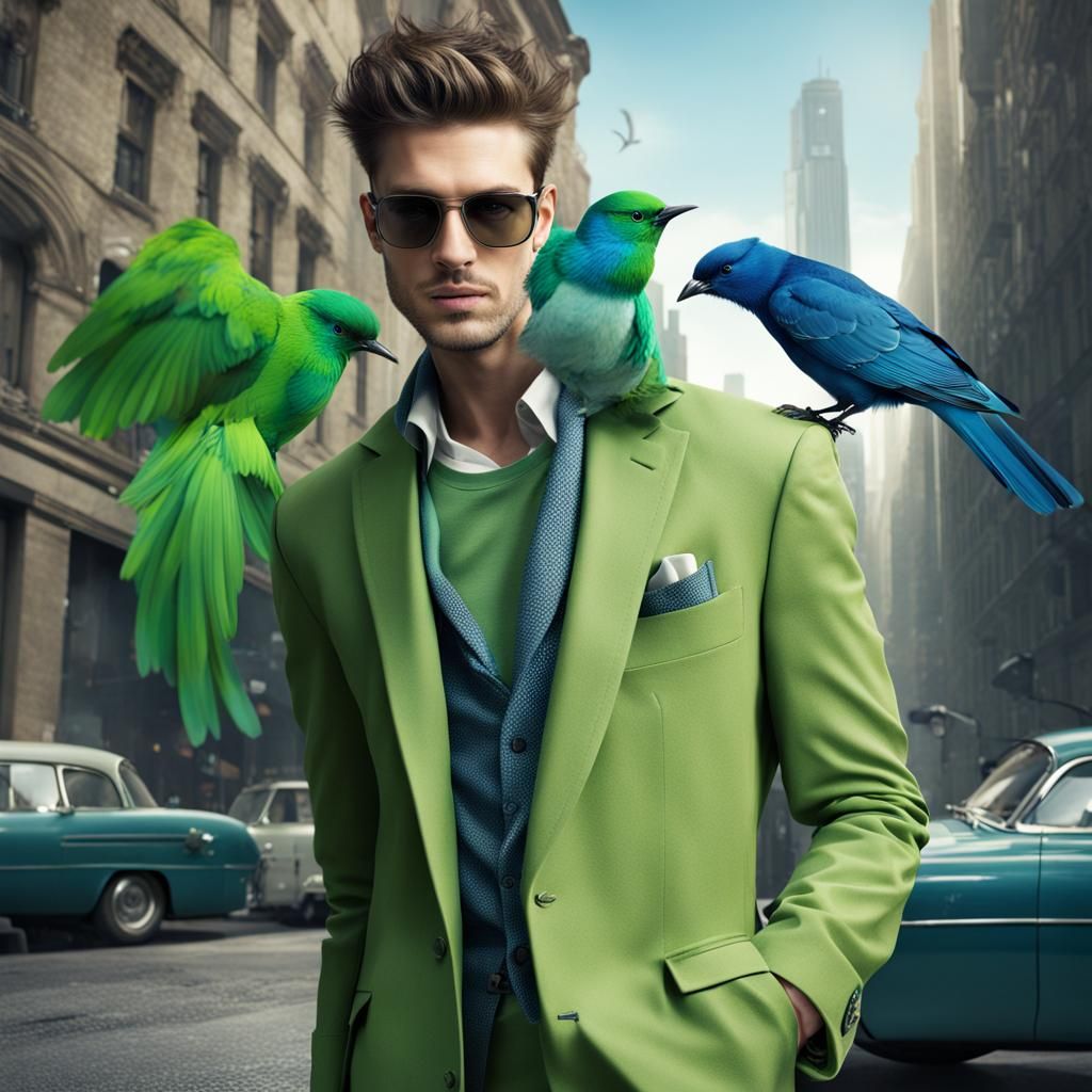 Fashionable Man with Bird in Cityscape