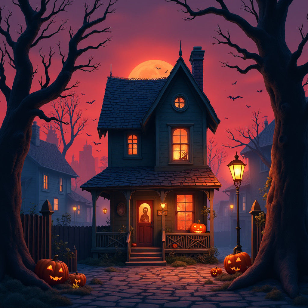 Eerie Twilight Town with Ghosts and Jack-o'-Lanterns