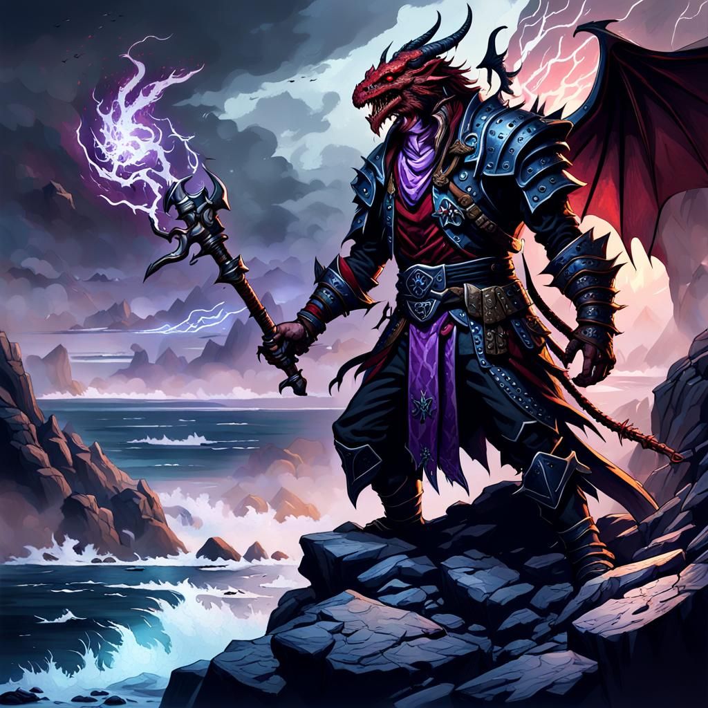 Red Dragonborn Warlock on Cliffside: Fantasy Art