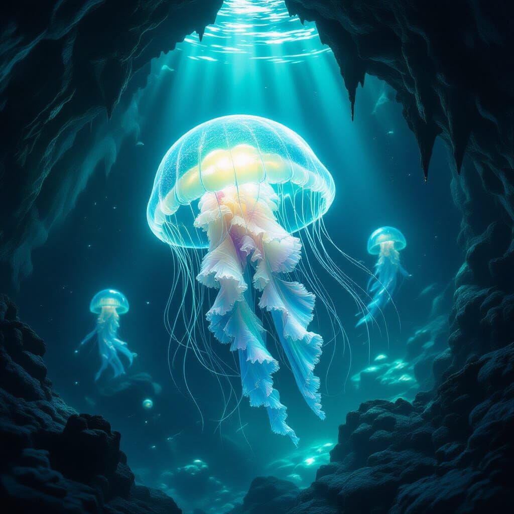 Bioluminescent Jellyfish in Alien Cave, Dark Fantasy