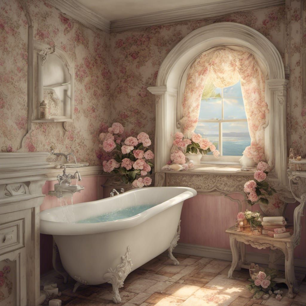 Rococo Cottage Bathroom with Bathtub and Flowers
