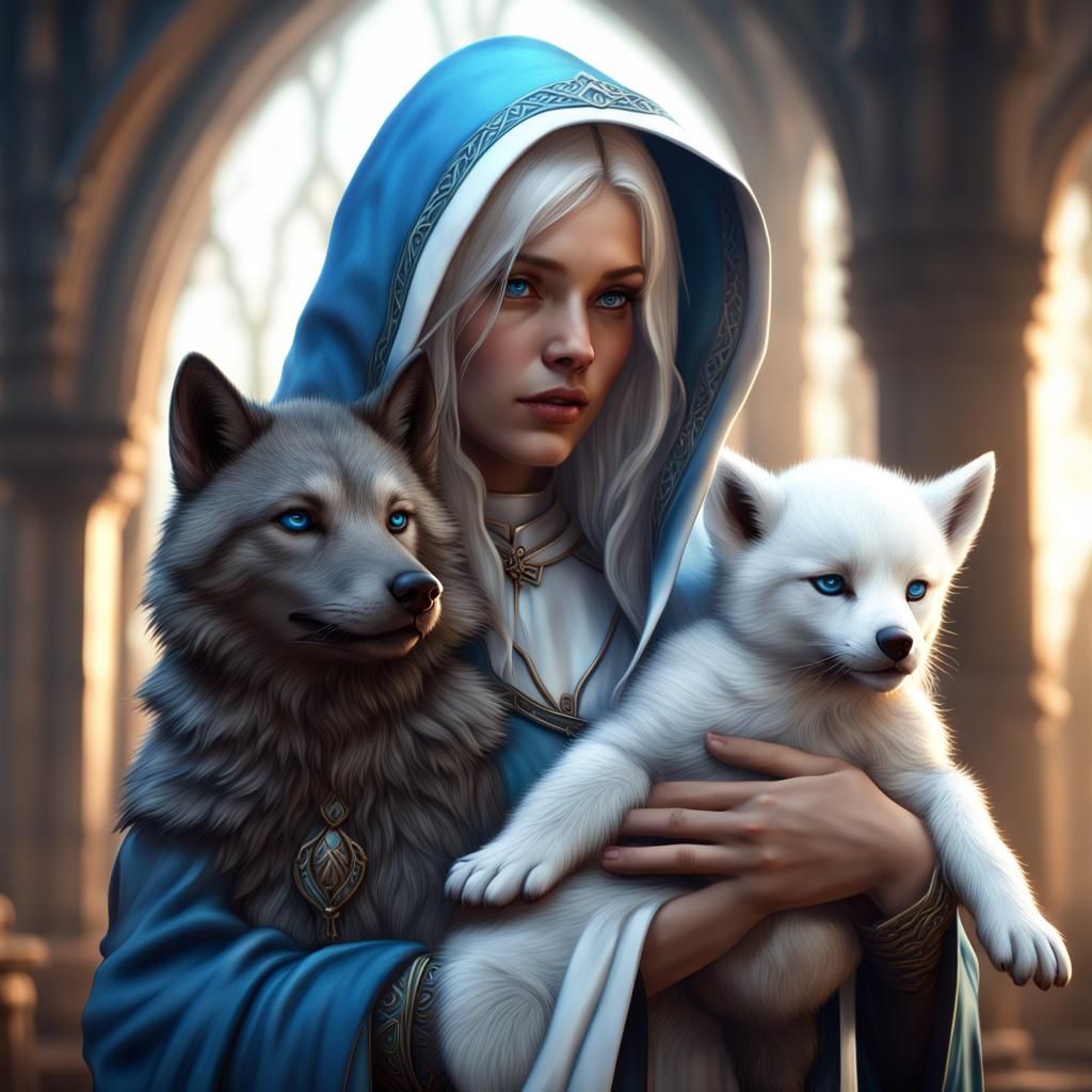 Priestess with Wolf Cub: Detailed Fantasy Art