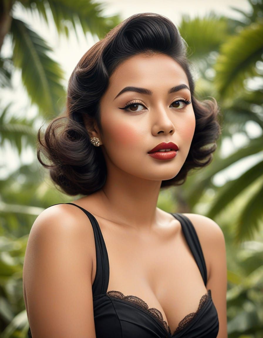 Pretty Indonesian Pin-Up Girl Blows Kisses in Tropical Setti...