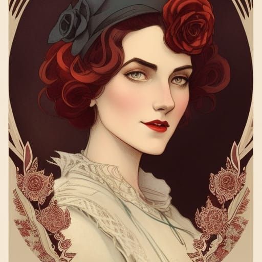 1900s Woman Portrait in Black, White, and Red
