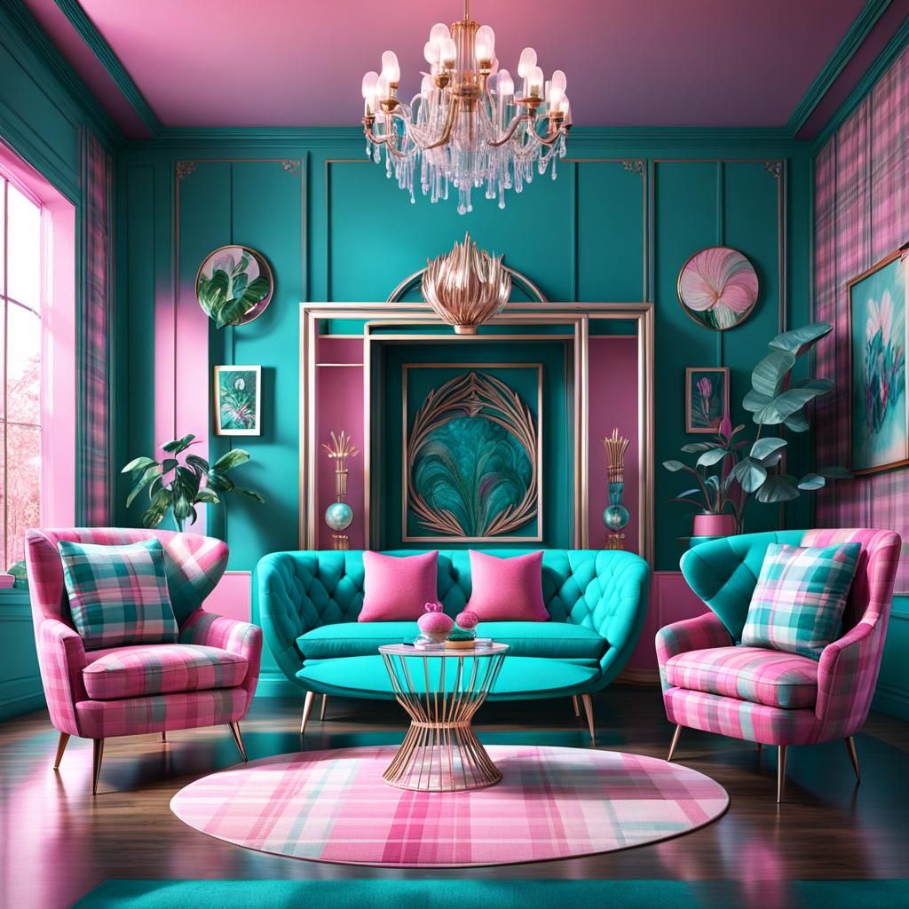 Pink and Teal 1960s Living Room in Detailed Matte Painting