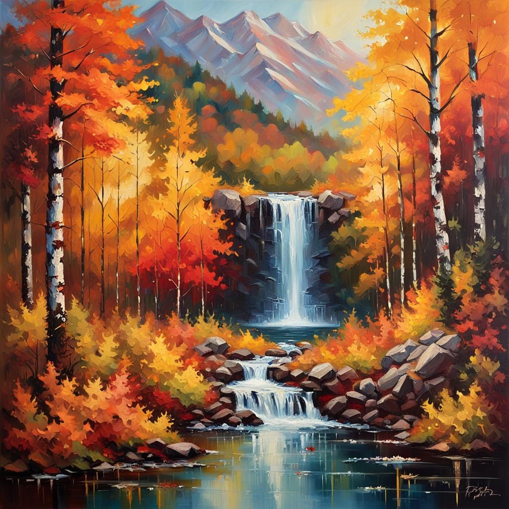 Autumn Mountain Landscape as Impasto Oil Painting