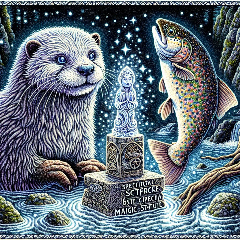Ethereal Otter and Trout Guarding Magic Statue