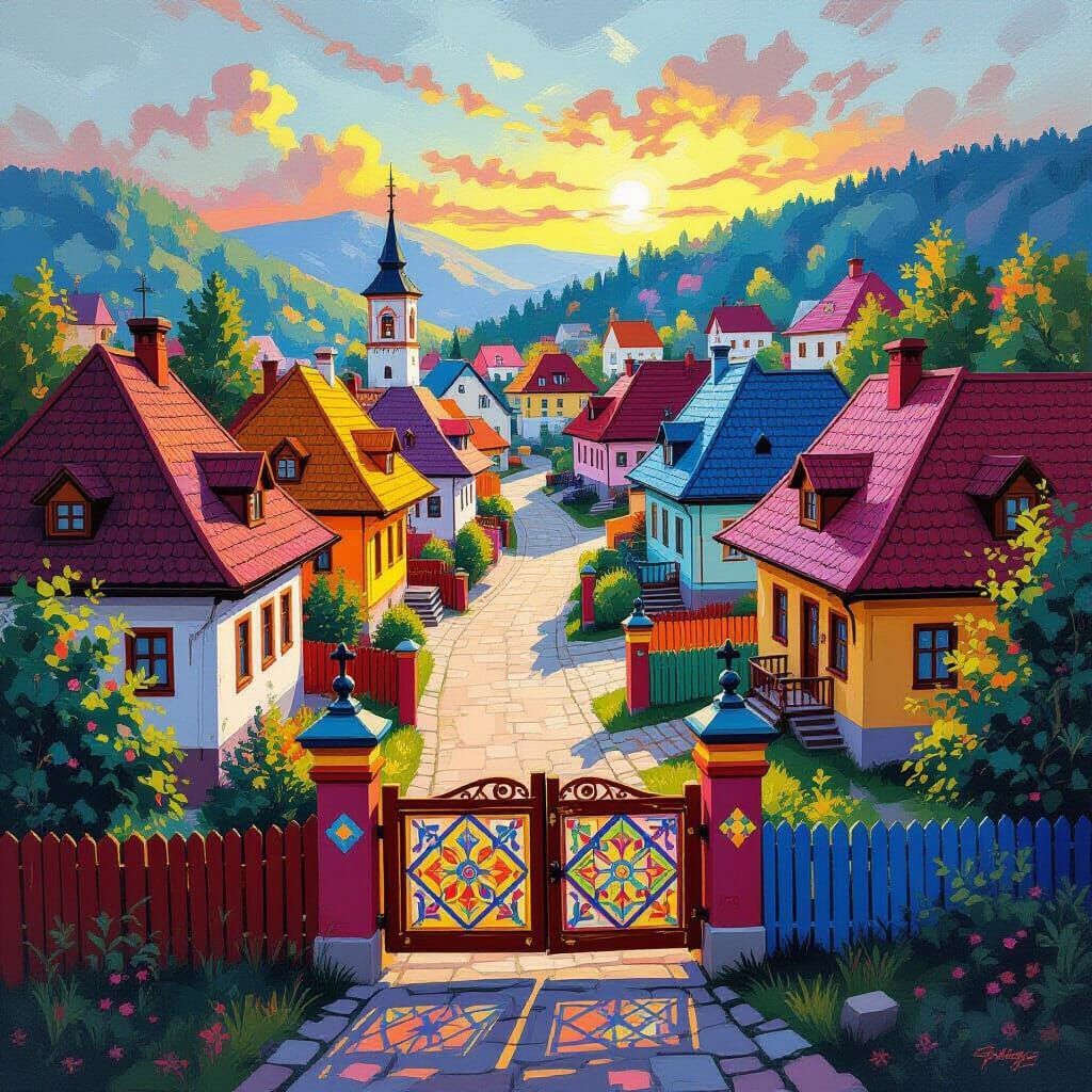 Colorful Village with Szekler Gates in Painting Style