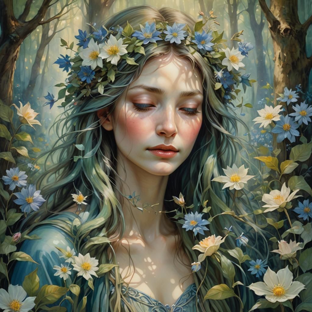Serene Woman Surrounded by Flowers in Magical Realism
