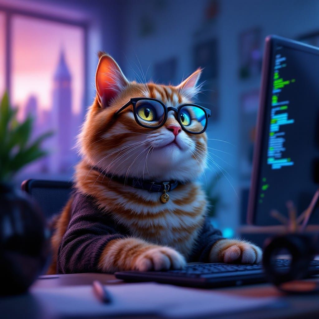 Whimsical Office Scene with Feline Professional