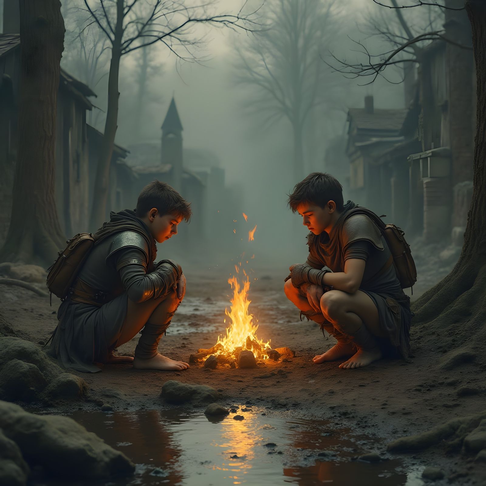 Medieval Warrior Apprentices in Ruins by Flickering Campfire