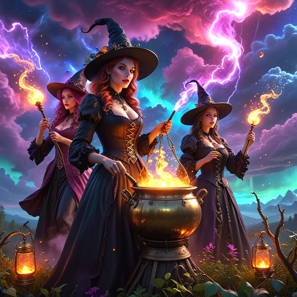 Steampunk Witches Brew Potions Under Cosmic Sky