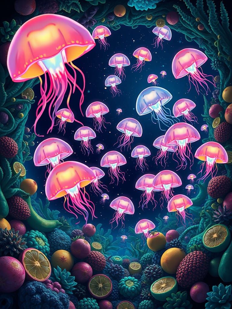 Bioluminescent Jellyfish Swarm in Underwater Vortex