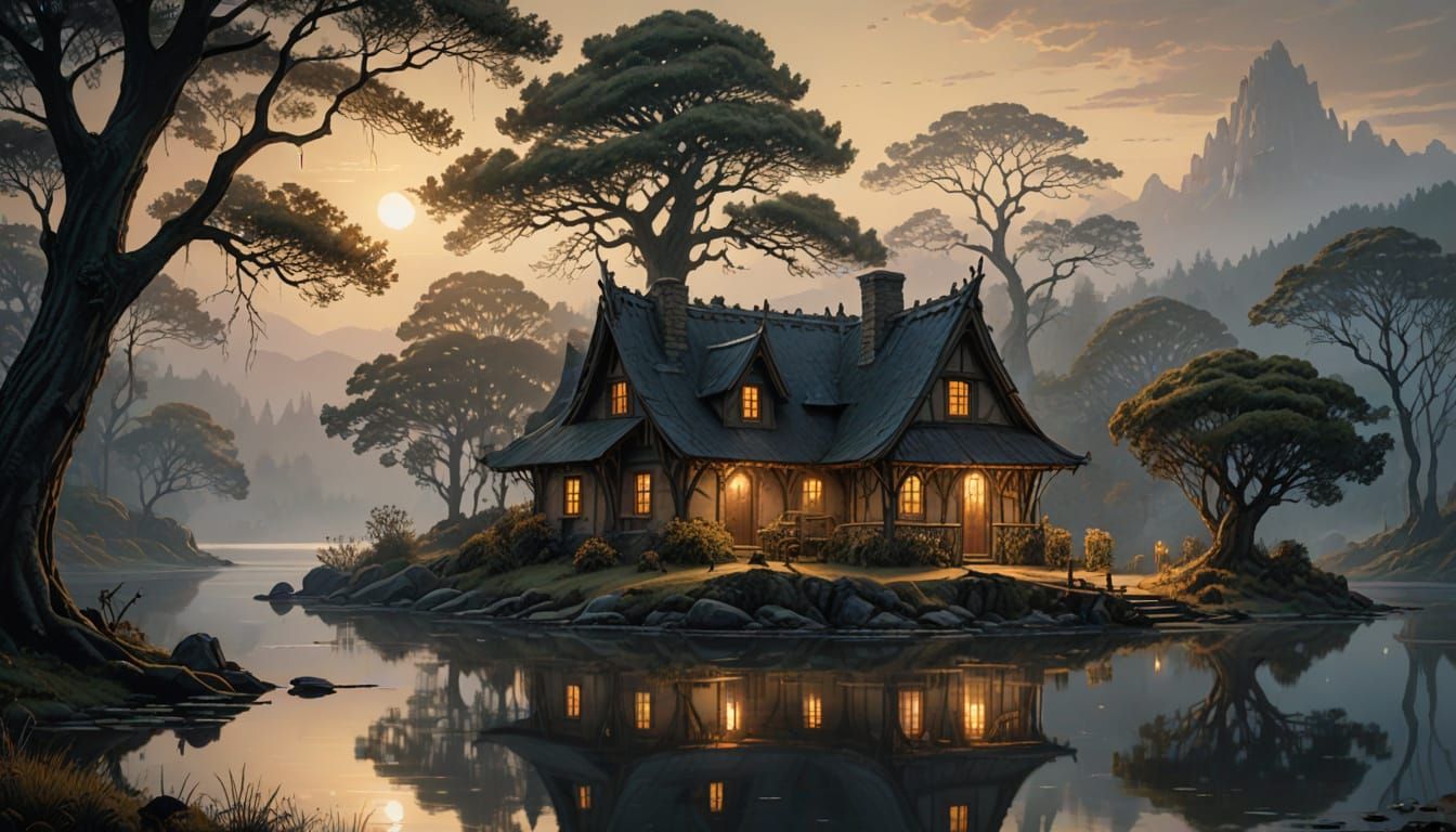 Elven Cottage by Misty Lake at Twilight in Arthur Rackham St...