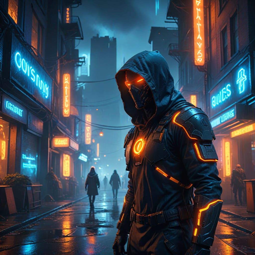 Invisible Figure in Neon City, Fantasy Art