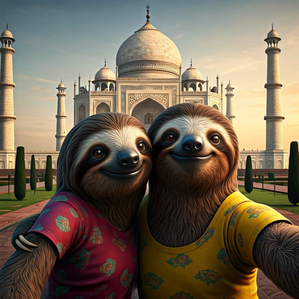 Sloth Couple Selfie at Taj Mahal, Dreamlike Render