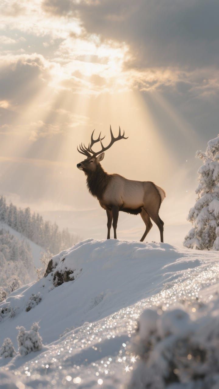Majestic Elk in Magical Snowy Winter Wonderland