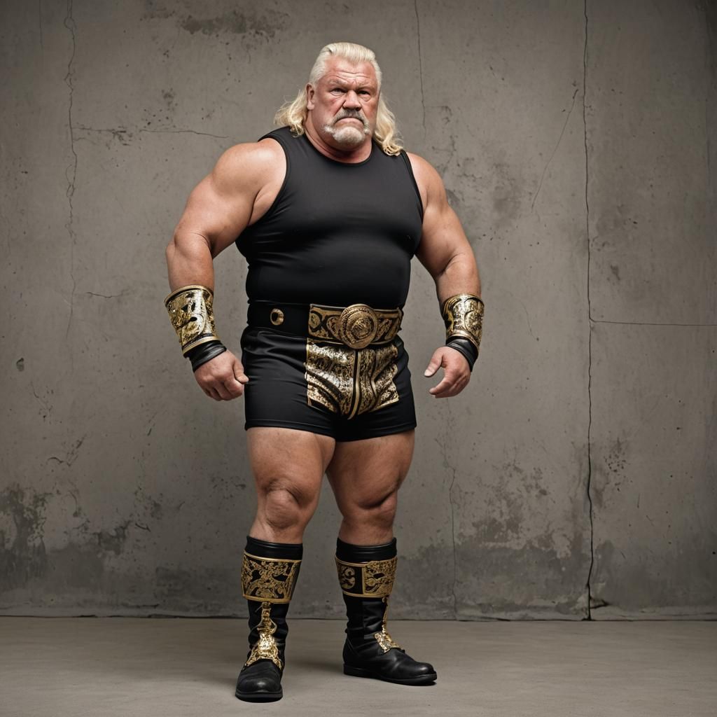 Icelander Wrestler Poses Defiantly in Golden Trunks