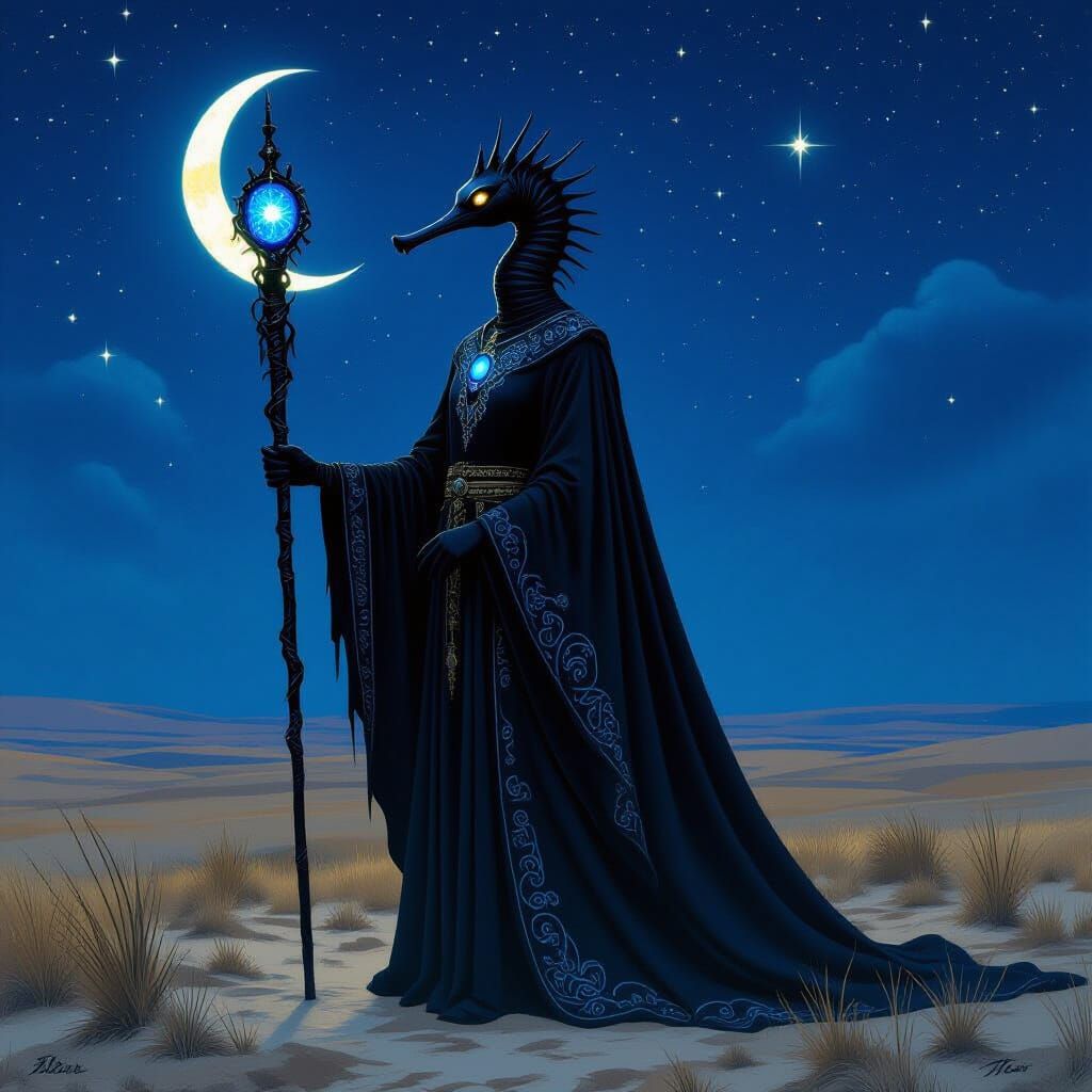 Mystical Seahorse Figure in Ancient Steppe Under Starry Sky