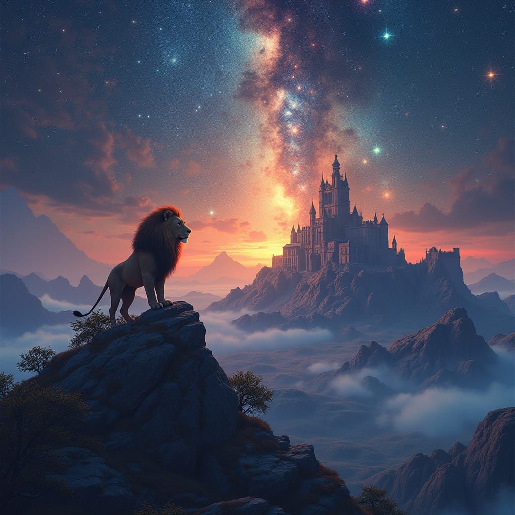 Majestic Lion in Celestial Harmony, with Ancient Castle and....