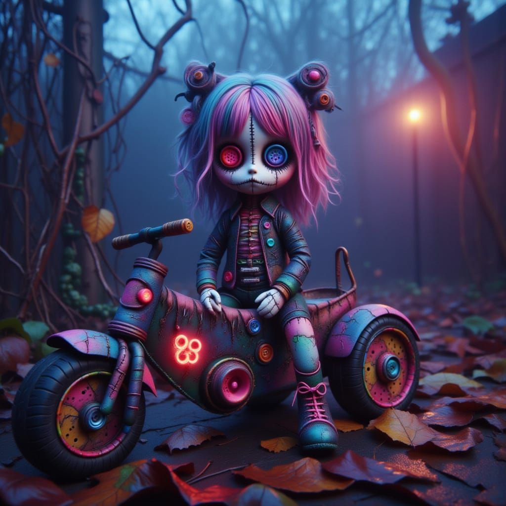 Punk Doll on Toy Bike in Gothic Playground