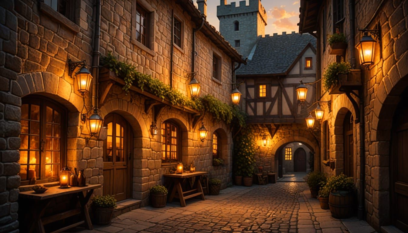 Cozy Medieval Tavern Window in Golden Hour Alley