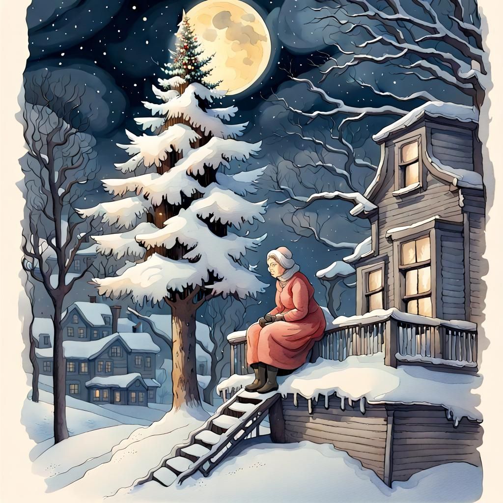 Festive Winter Night: Old Woman in Tree