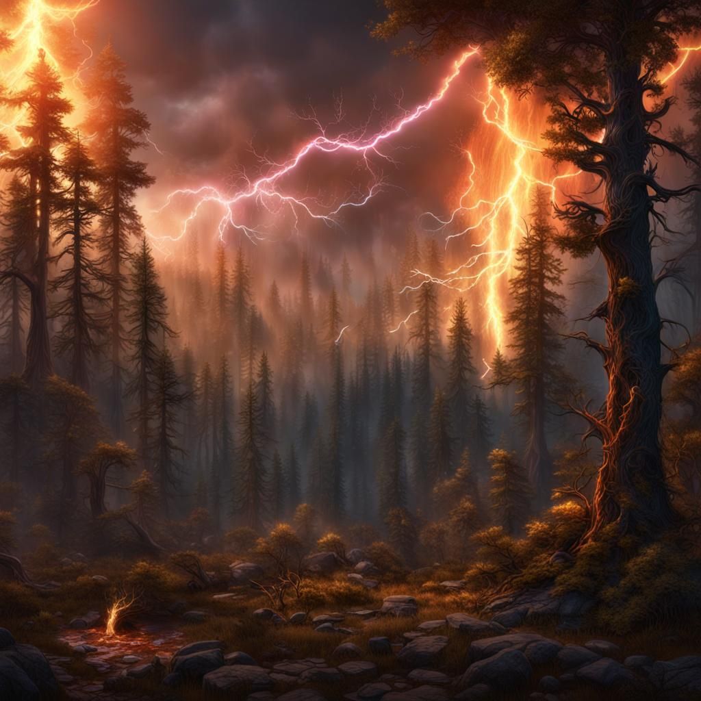 Lightning Ignites Boreal Forest: Detailed Matte Painting