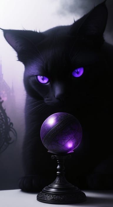 Gothic art. Black cat with book of shadows and purple glass ...