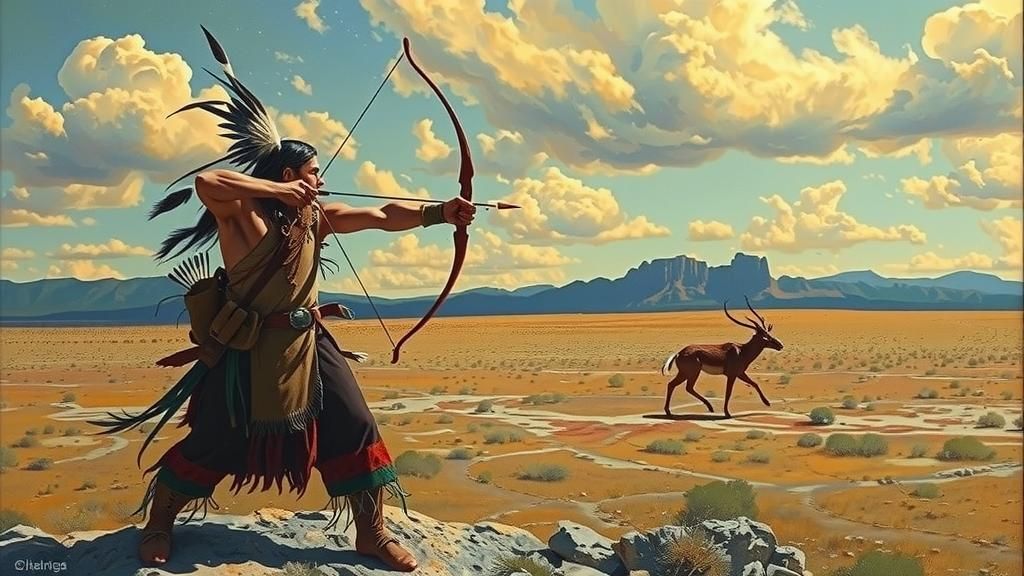 Apache Brave Hunting in Desert Landscape: Oil Painting