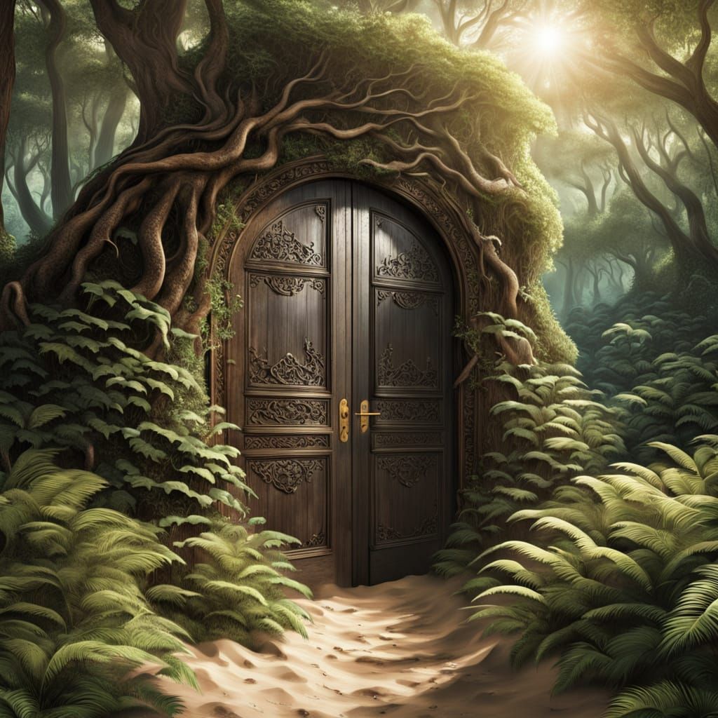 Ornate Doorway Between Dark Forest and Sunny Beach