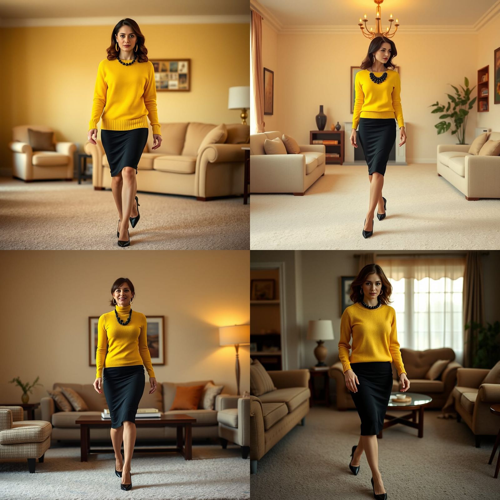 Brunette in Yellow Sweater and Black Pencil Skirt