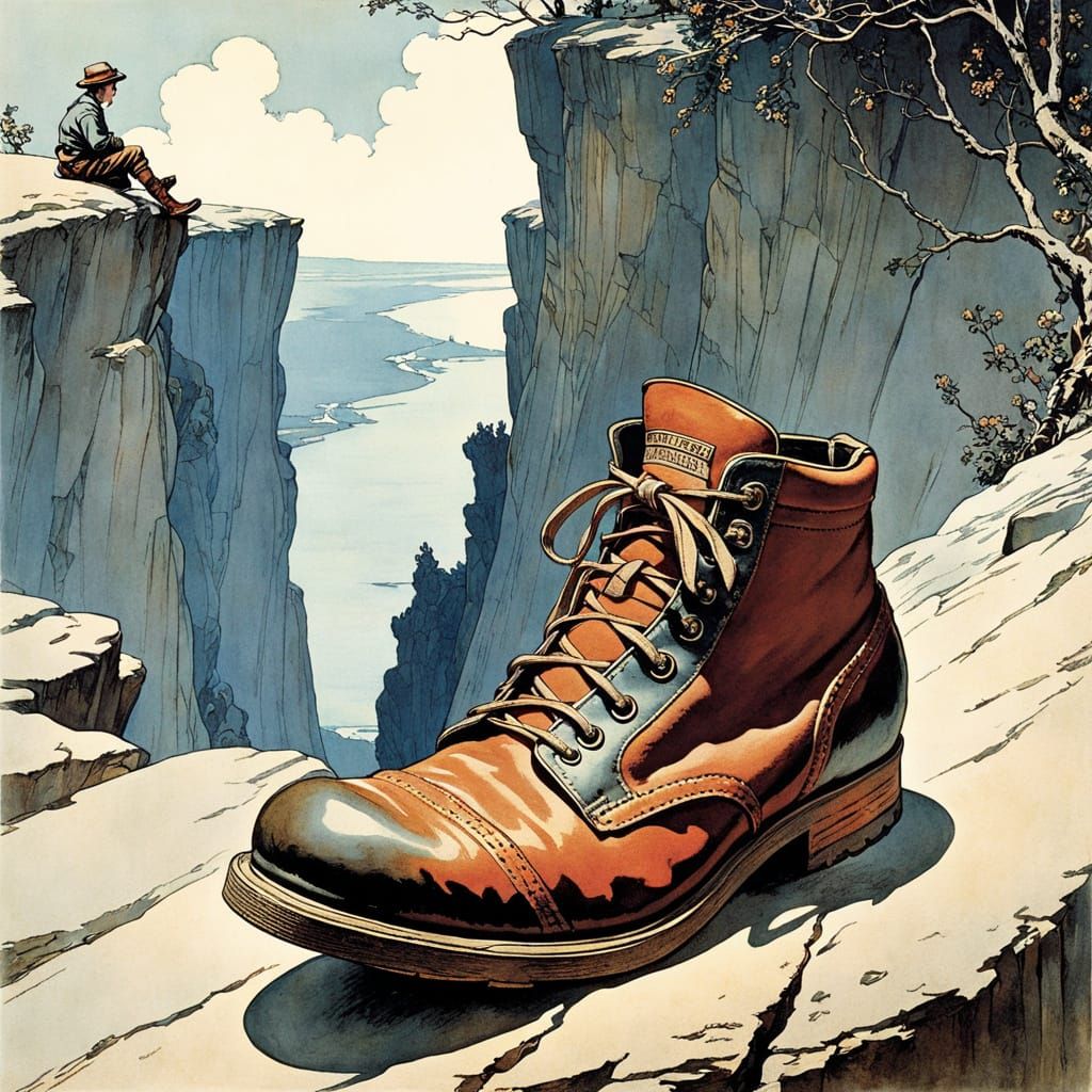 Absurd Vintage Illustration of Shoe on Cliff Edge