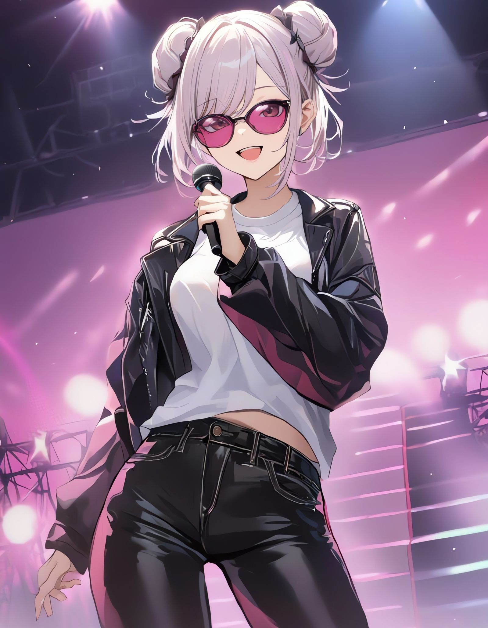 Surreal Rockstar Girl Shines in Wavy White Hair and Pink Sun...