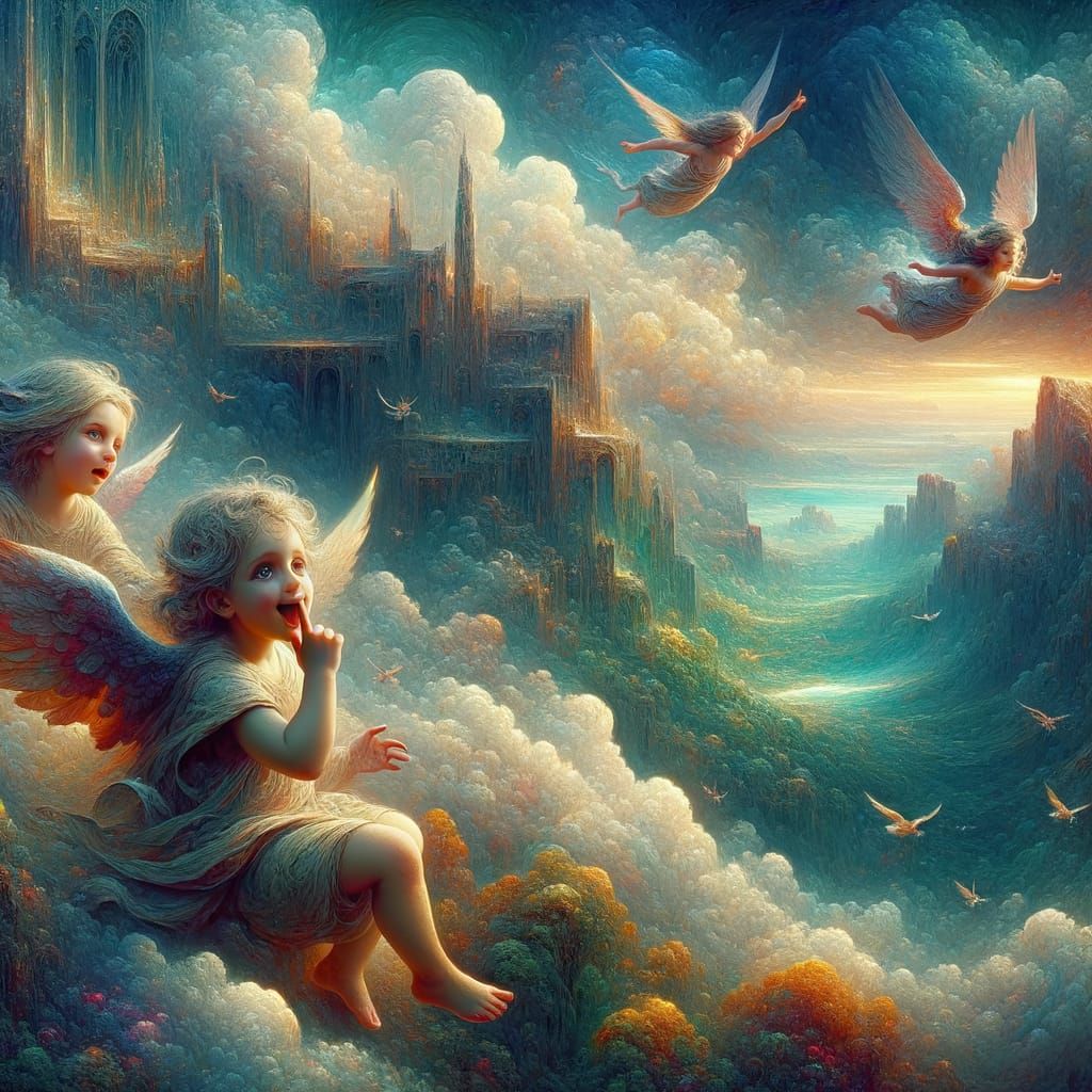 Impressionist Painting of Joyful Angels in Storm