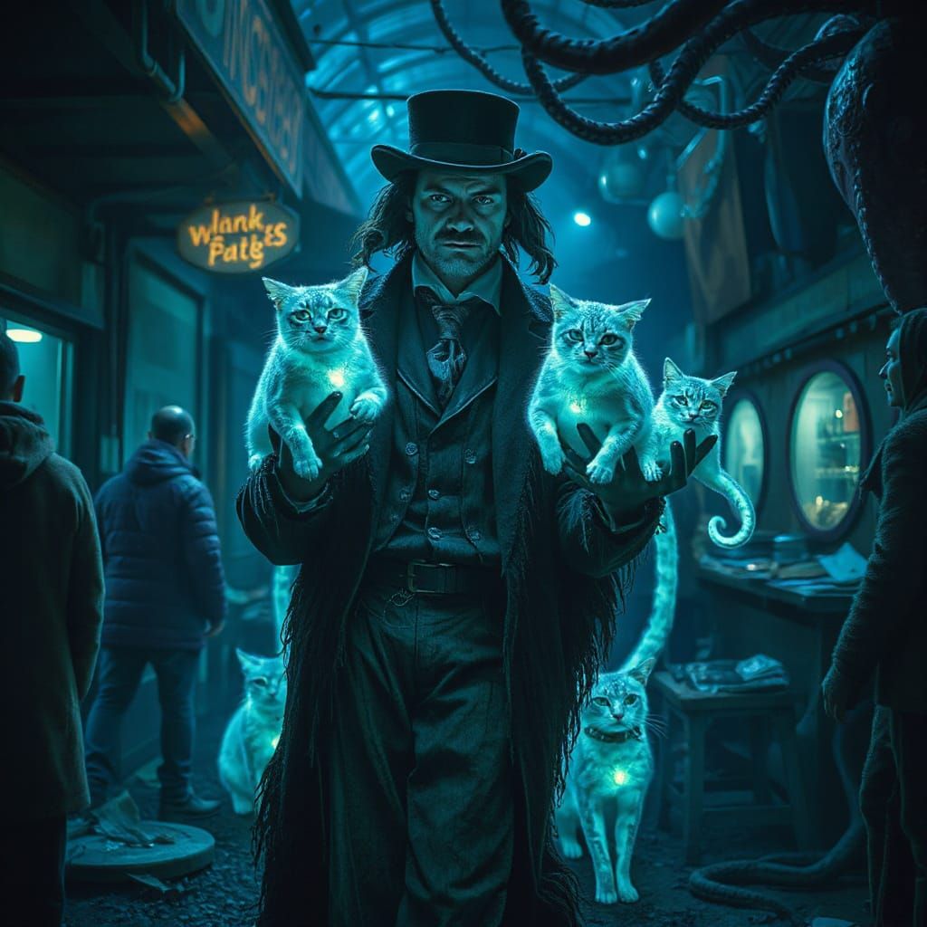 Otherworldly Bioluminescent Cat Salesman in Dark Fantasy Sty...