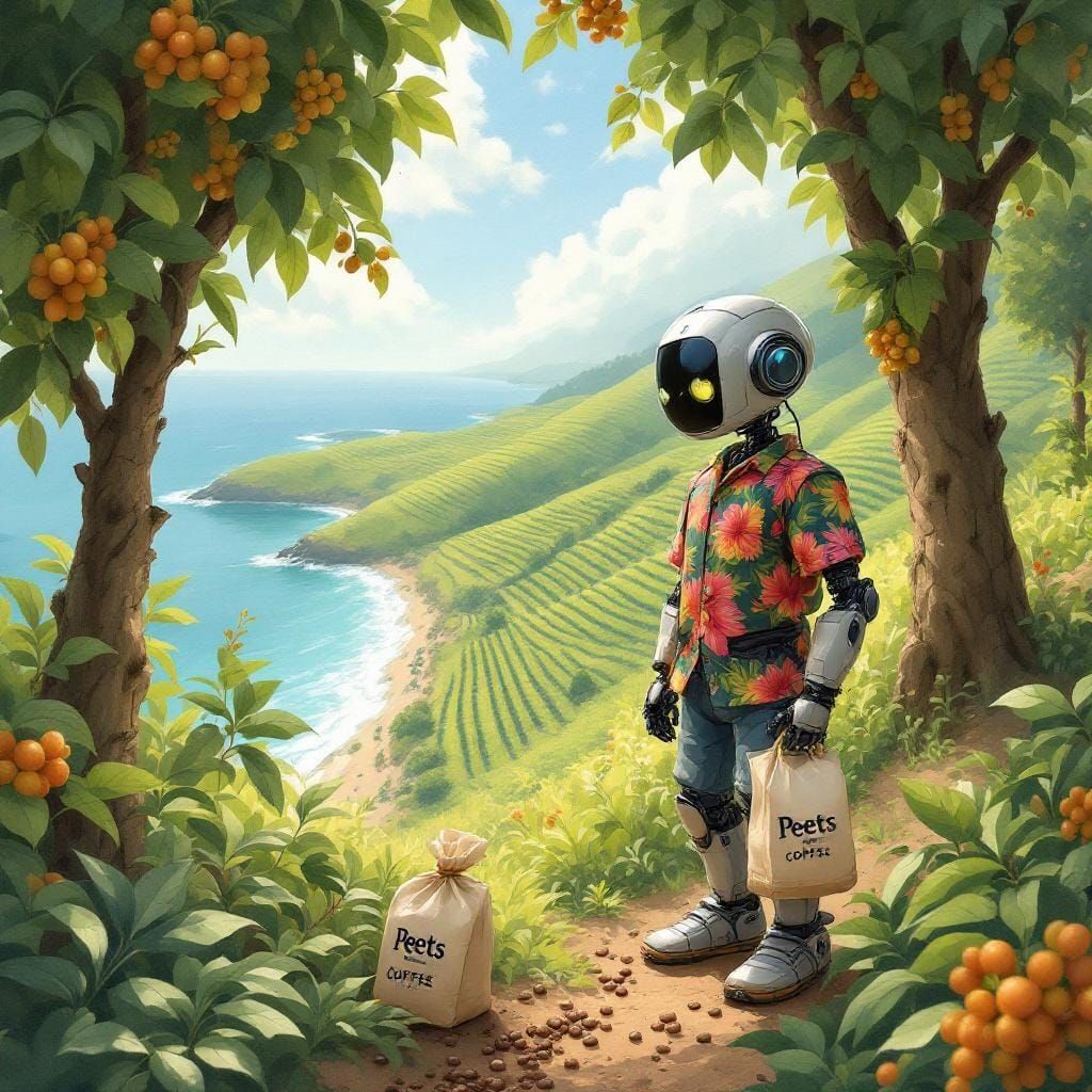 Robot Harvesting Coffee: Whimsical Watercolor Style