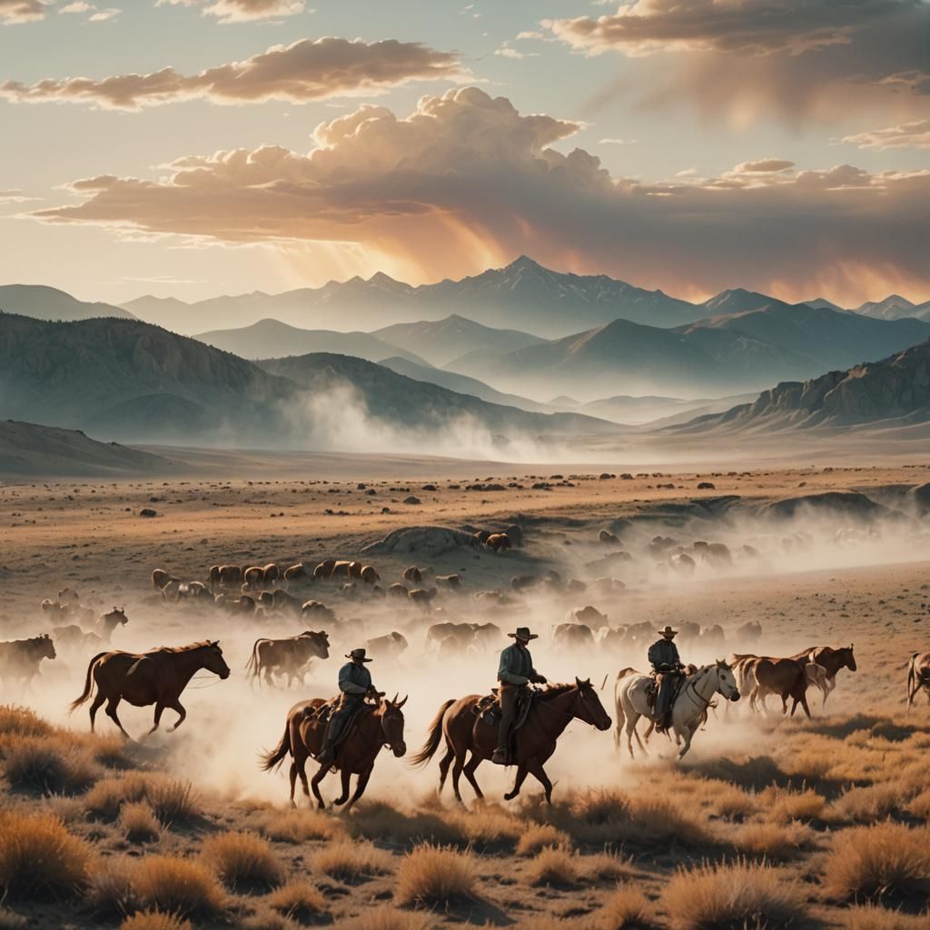 Ghostly Cowboys Herd Cattle in Ethereal Western Landscape