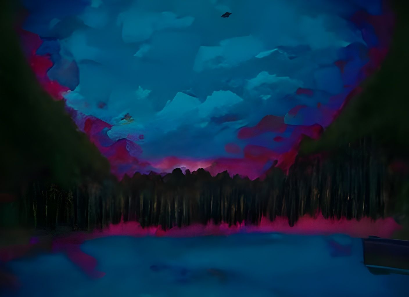 Ominous Sunset Reflected in Forest Pond: Pixel Art