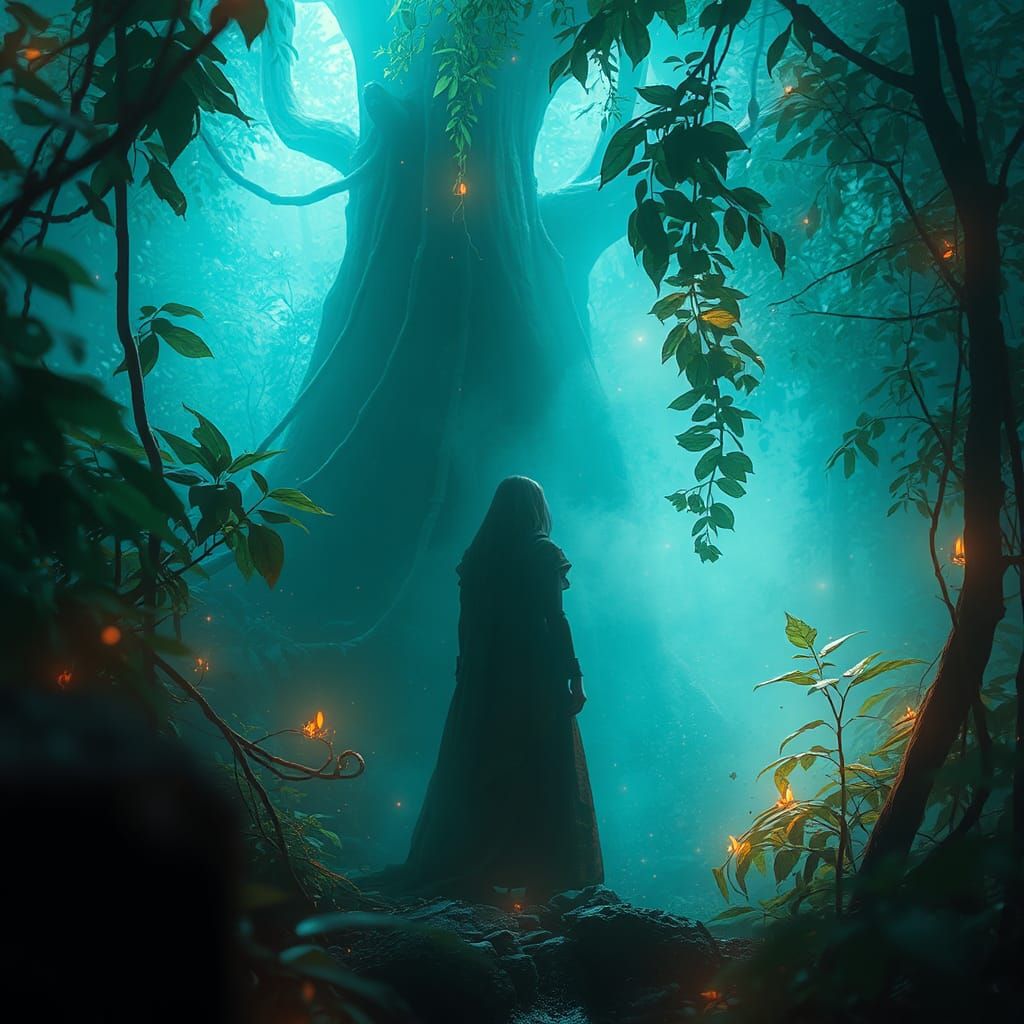 Mystical Figure in Lush, Ethereal Landscape