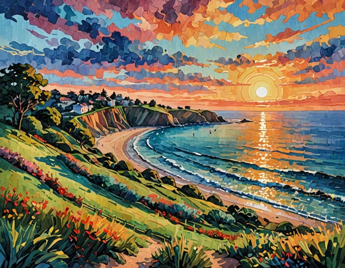 Sunset Ocean View in Impasto Gouache Style