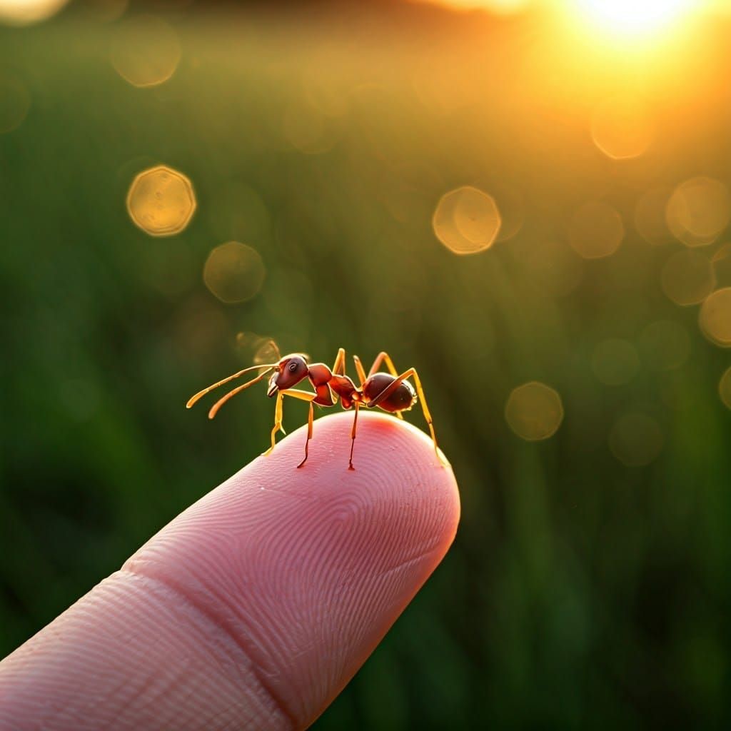 Red Ant Perched on Finger in Macro Photography