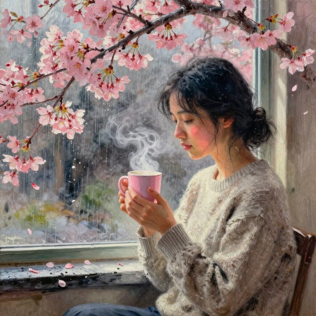 Rain Listener by Blossoming Window in Charcoal and Gouache