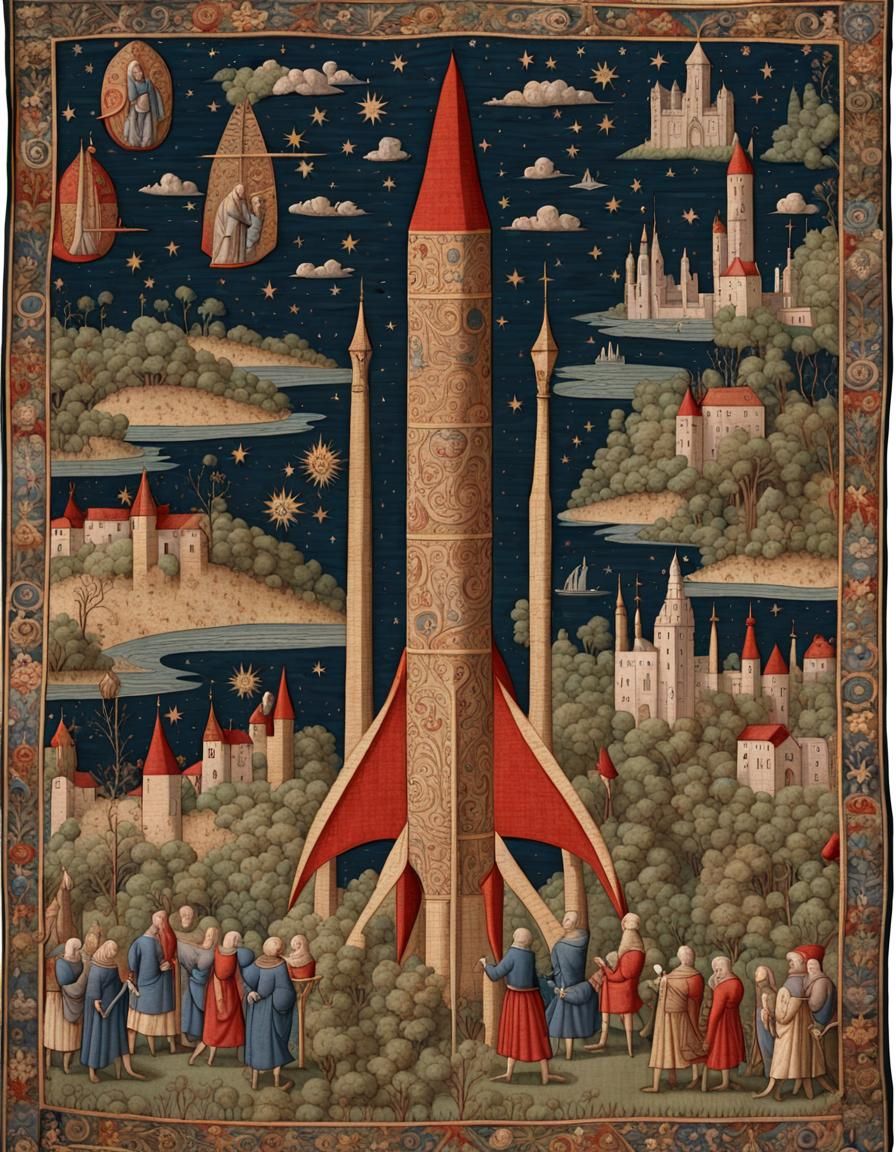 Medieval Tapestry: Fantastical Rocket Launch Scene