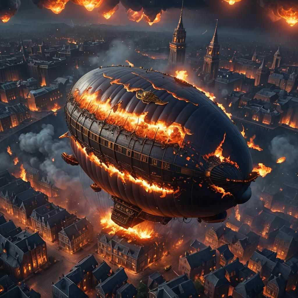 Burning Blimp in Night Sky: Fantasy Concept Art