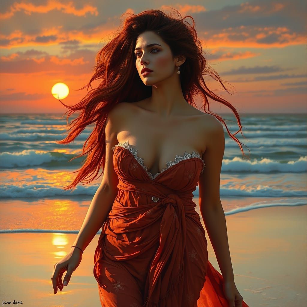 Sunset Beach Woman in Art Nouveau Style